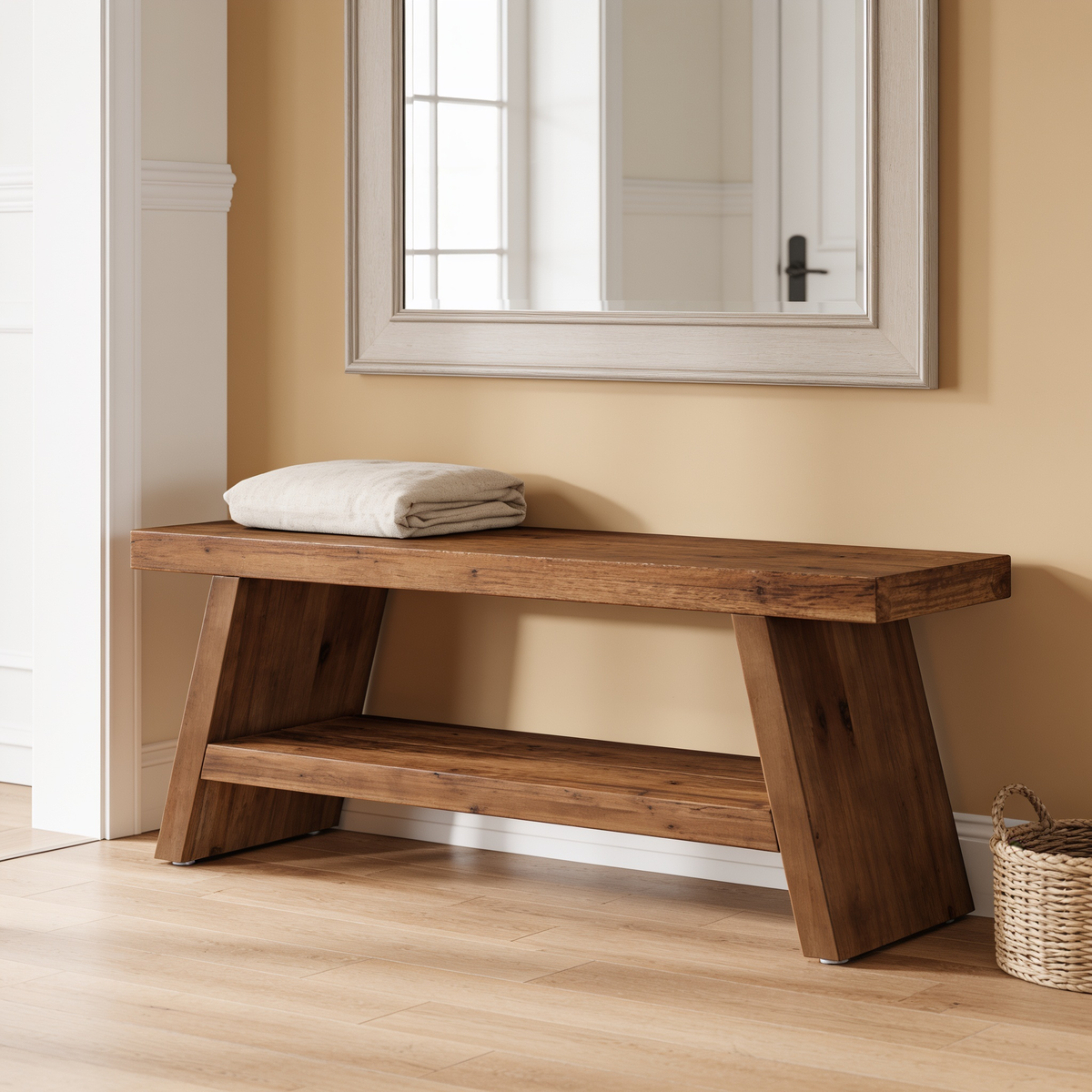 Entryway bench with folded linens on the seat in a bright hall by a mirror