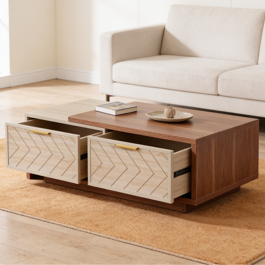 Walnut coffee table with two cream chevron drawers and a sliding top on a rug