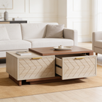Extendable cocktail table with brass pull handles beside a white sectional