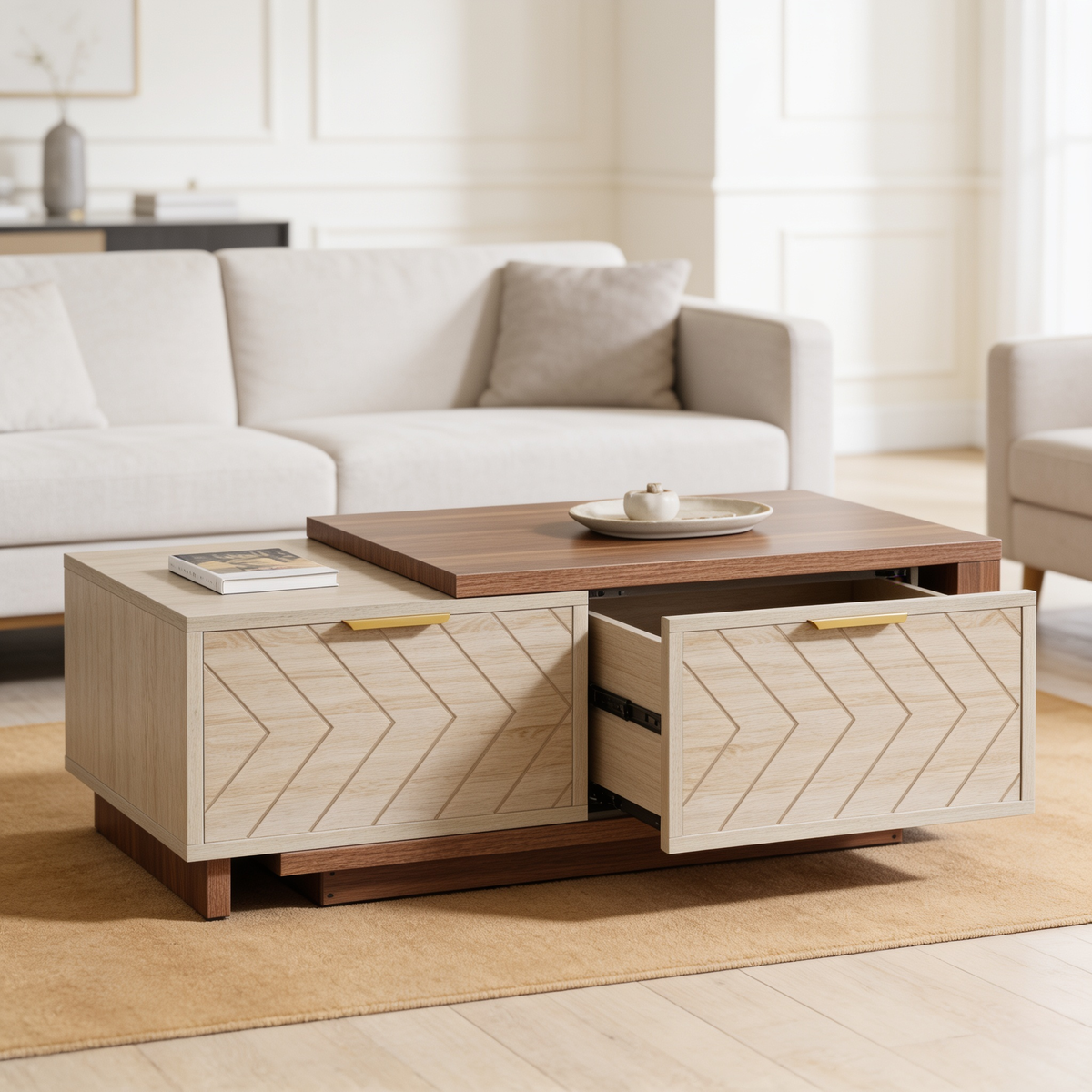 Extendable cocktail table with brass pull handles beside a white sectional