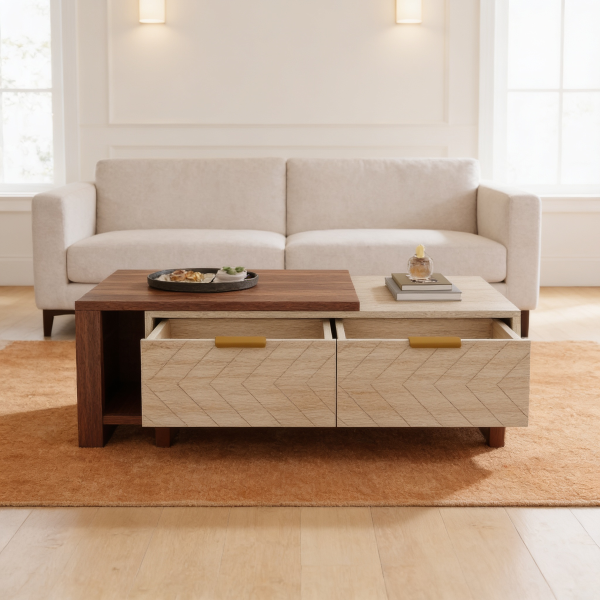Coffee table with its top slid aside to open the hidden storage well below