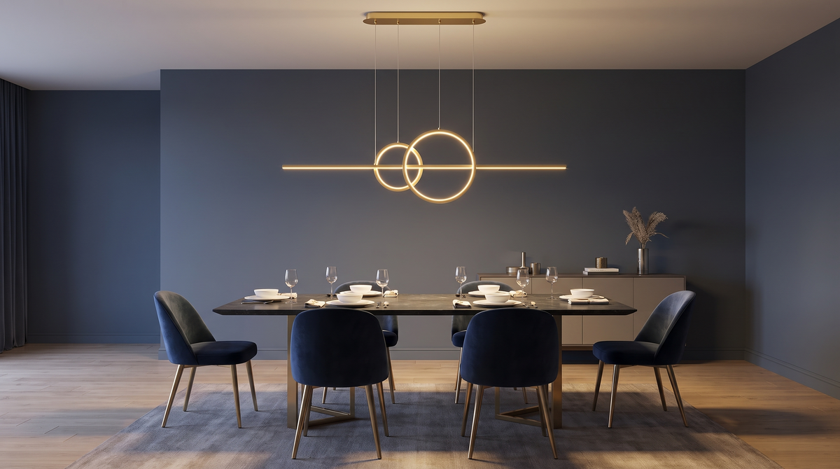 Twin ring linear pendant in brushed gold, lit