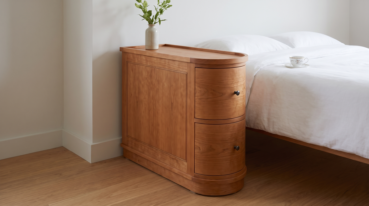 Side table with a rounded end beside a bed