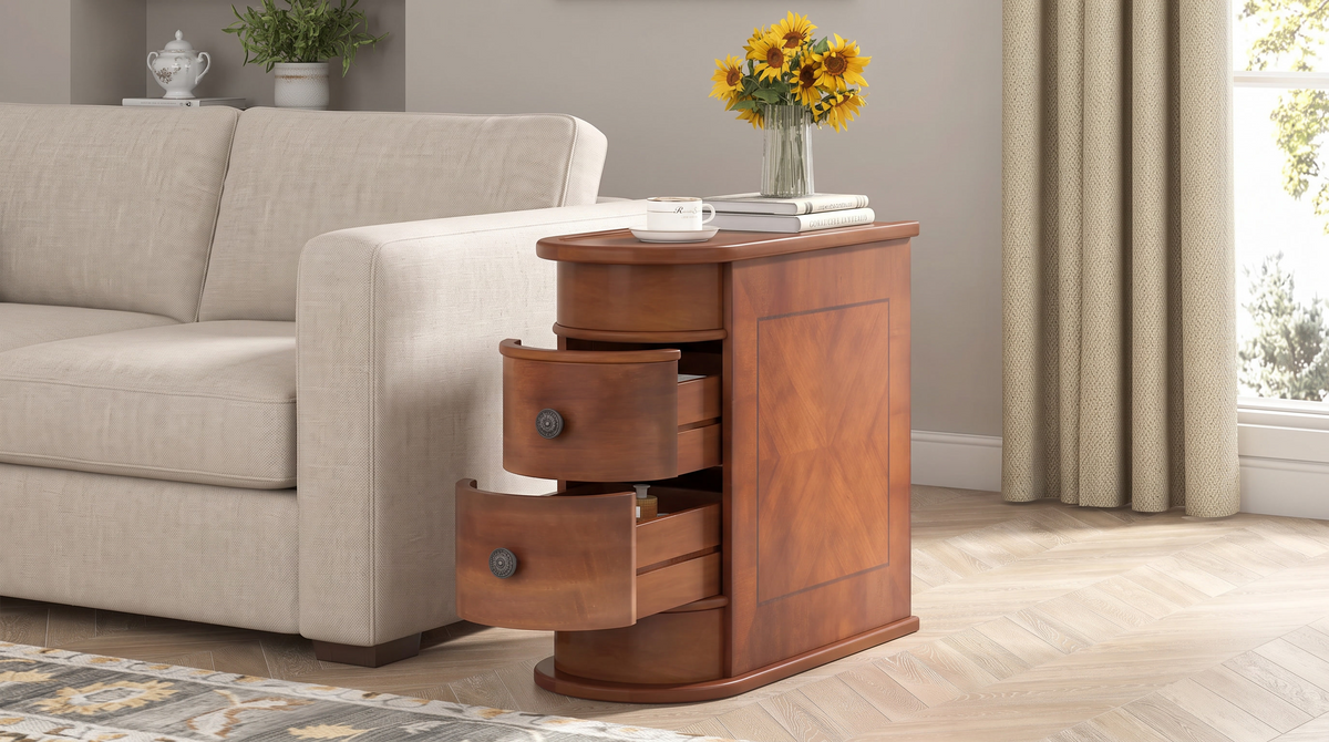 Side table with two curved drawers swung open