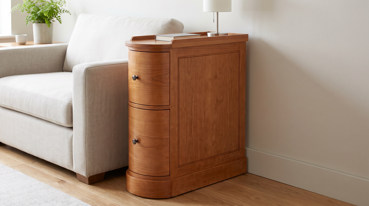 Narrow side table slotted beside a sofa arm