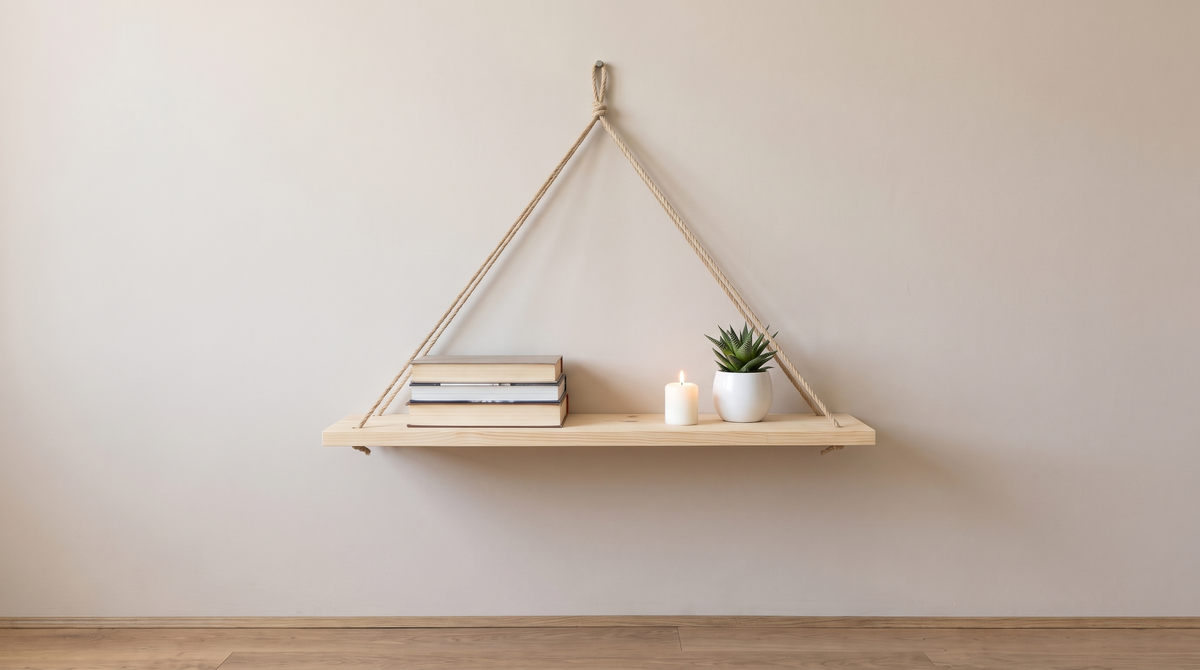 Rope hung swing shelf carrying books and a plant