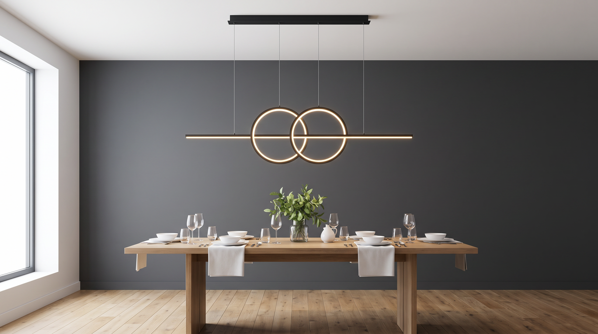 Twin ring linear pendant lit above a dining table