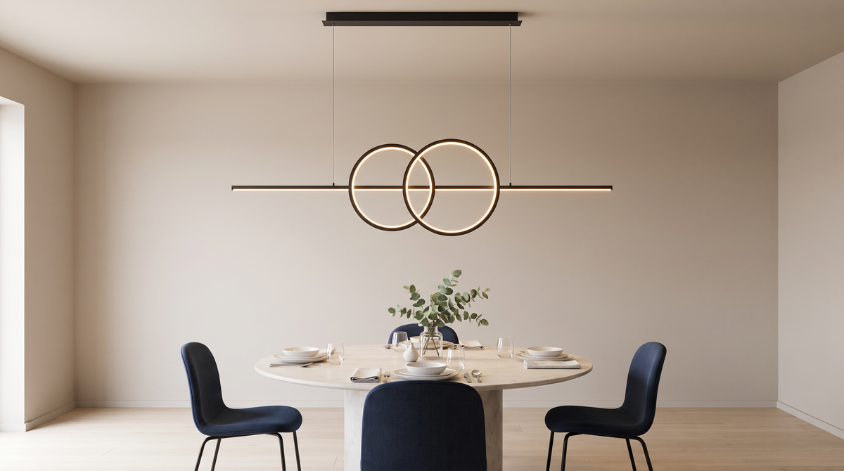 Twin ring linear pendant seen along its full length