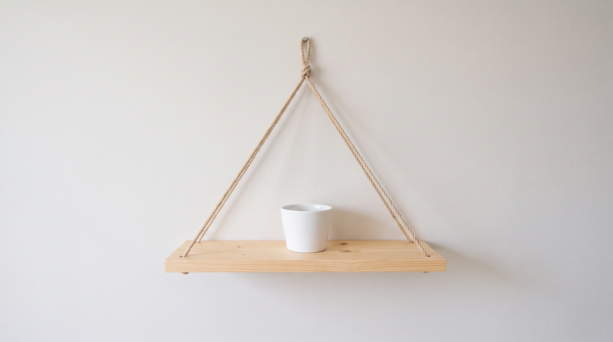 Close view of the pine board of the rope hung shelf