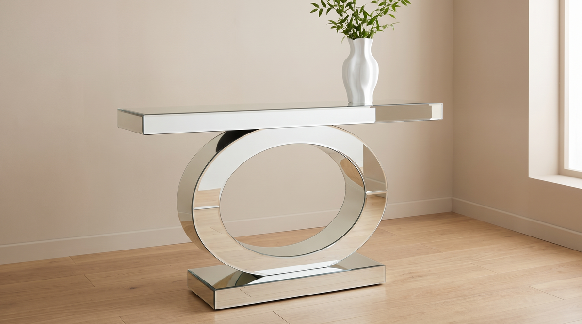 Mirrored console table on a single upright ring base