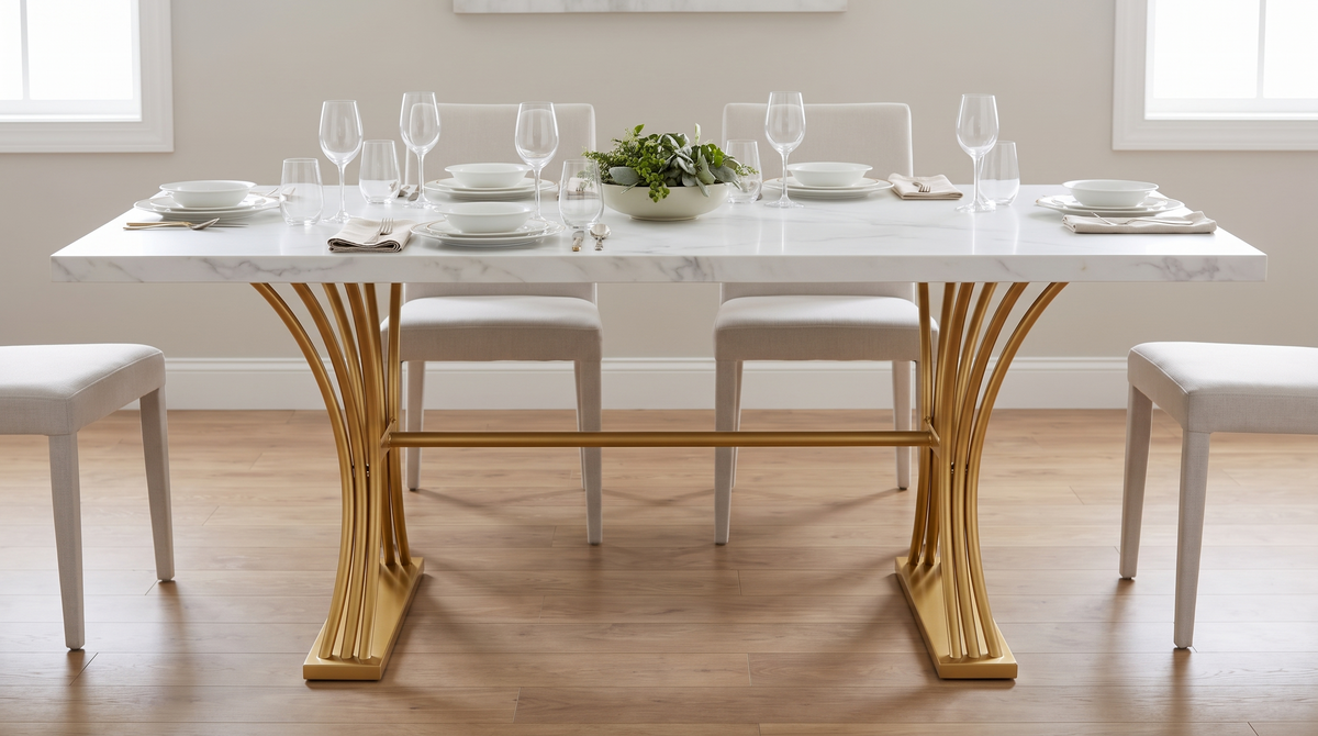 White faux marble dining table top laid for a meal