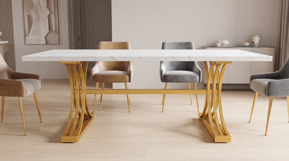 Gold connecting bar between the two leg fans of a dining table