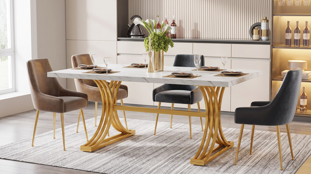 Faux marble dining table with fanned gold legs