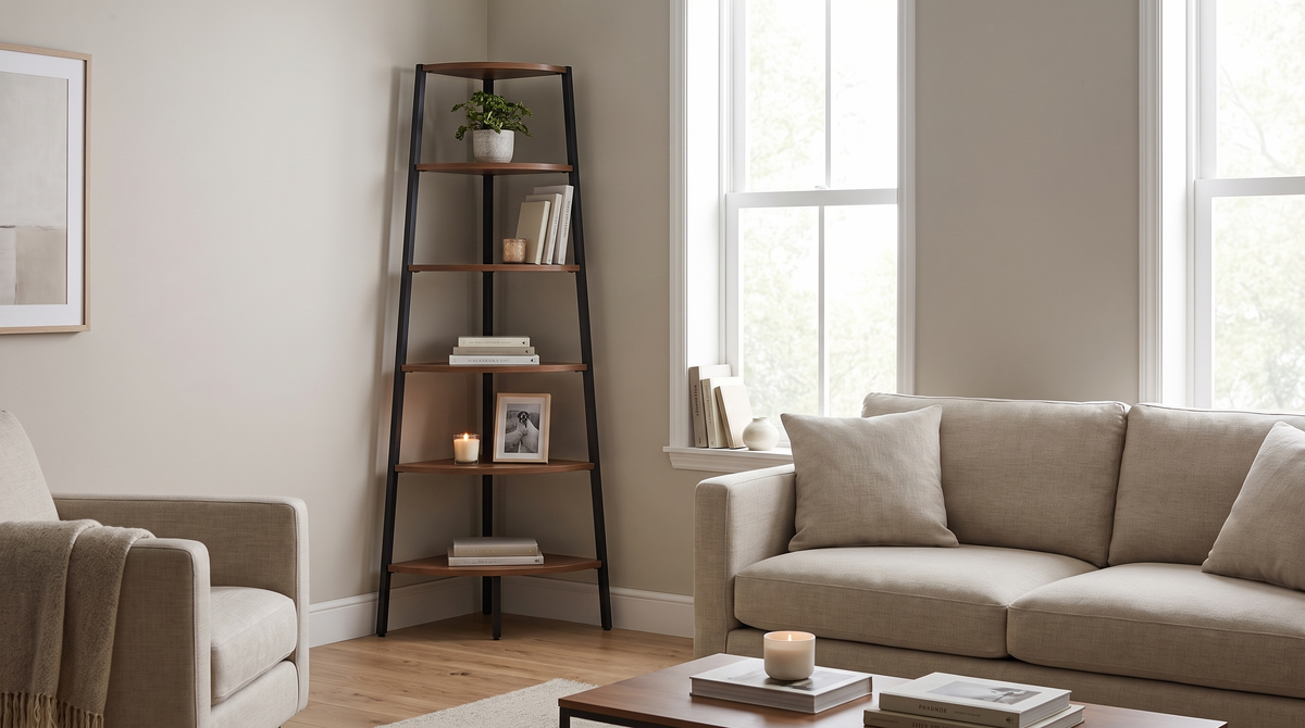 Five tier corner shelf standing in a room corner