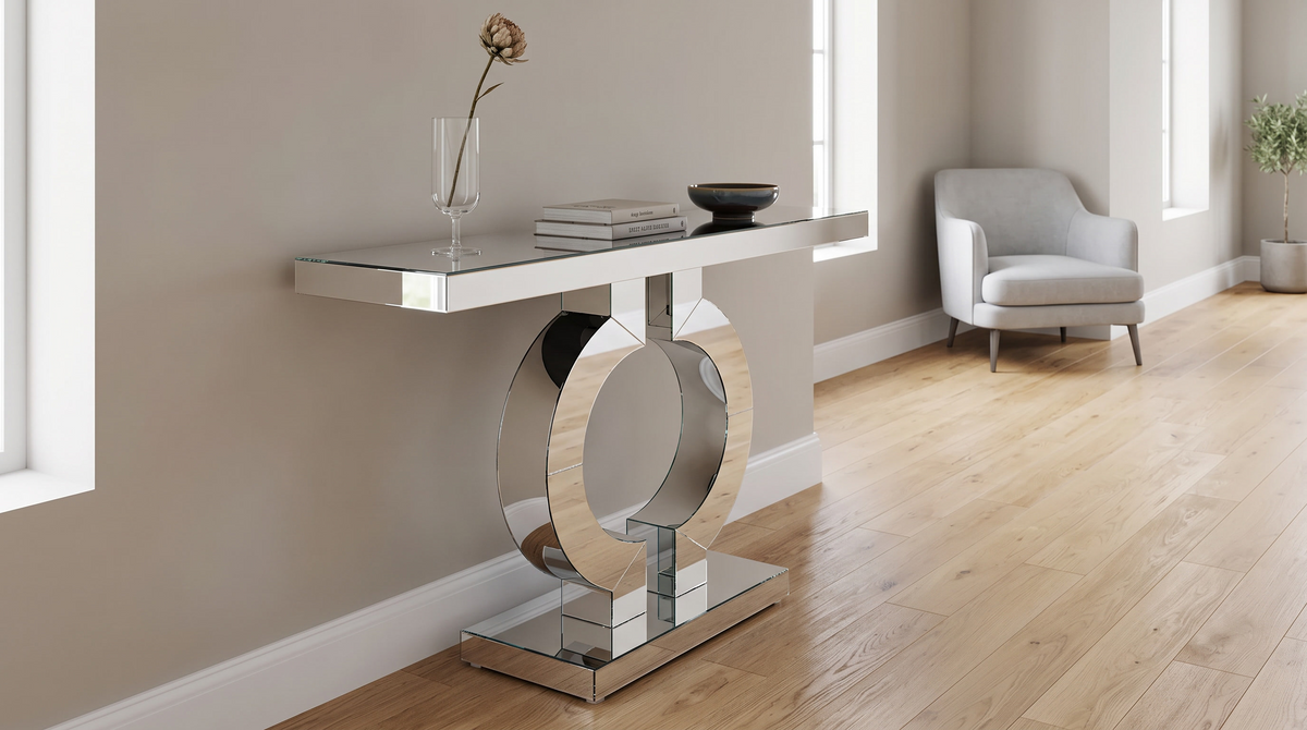 Mirrored console table seen along its length, open ring base