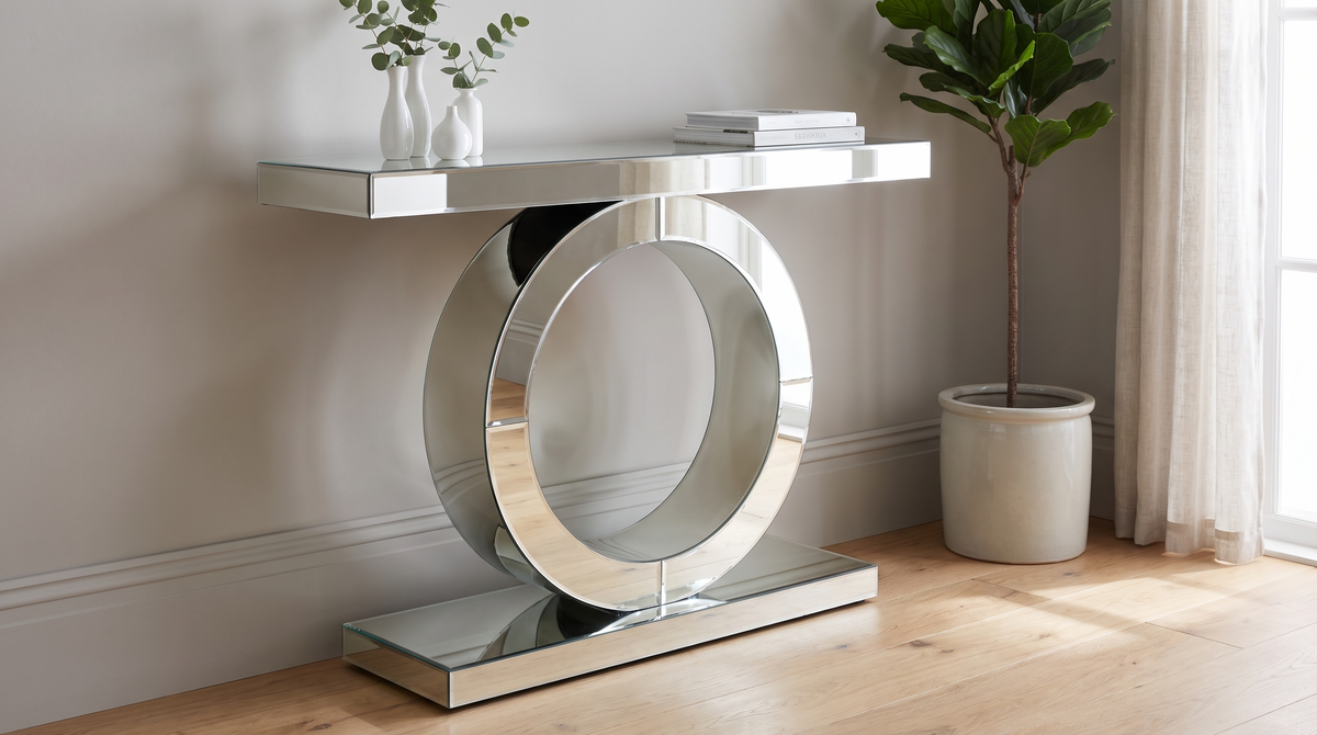 Mirrored console table catching daylight beside a window