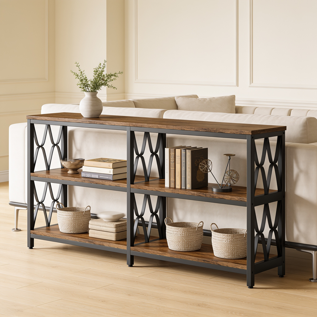 Long console with three wood shelves on a black X braced frame behind a cream sofa