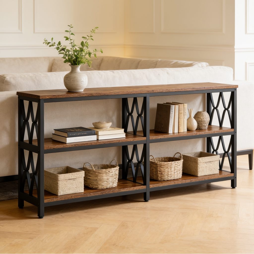 Sofa table stacked with baskets and books, a vase of stems on the top shelf