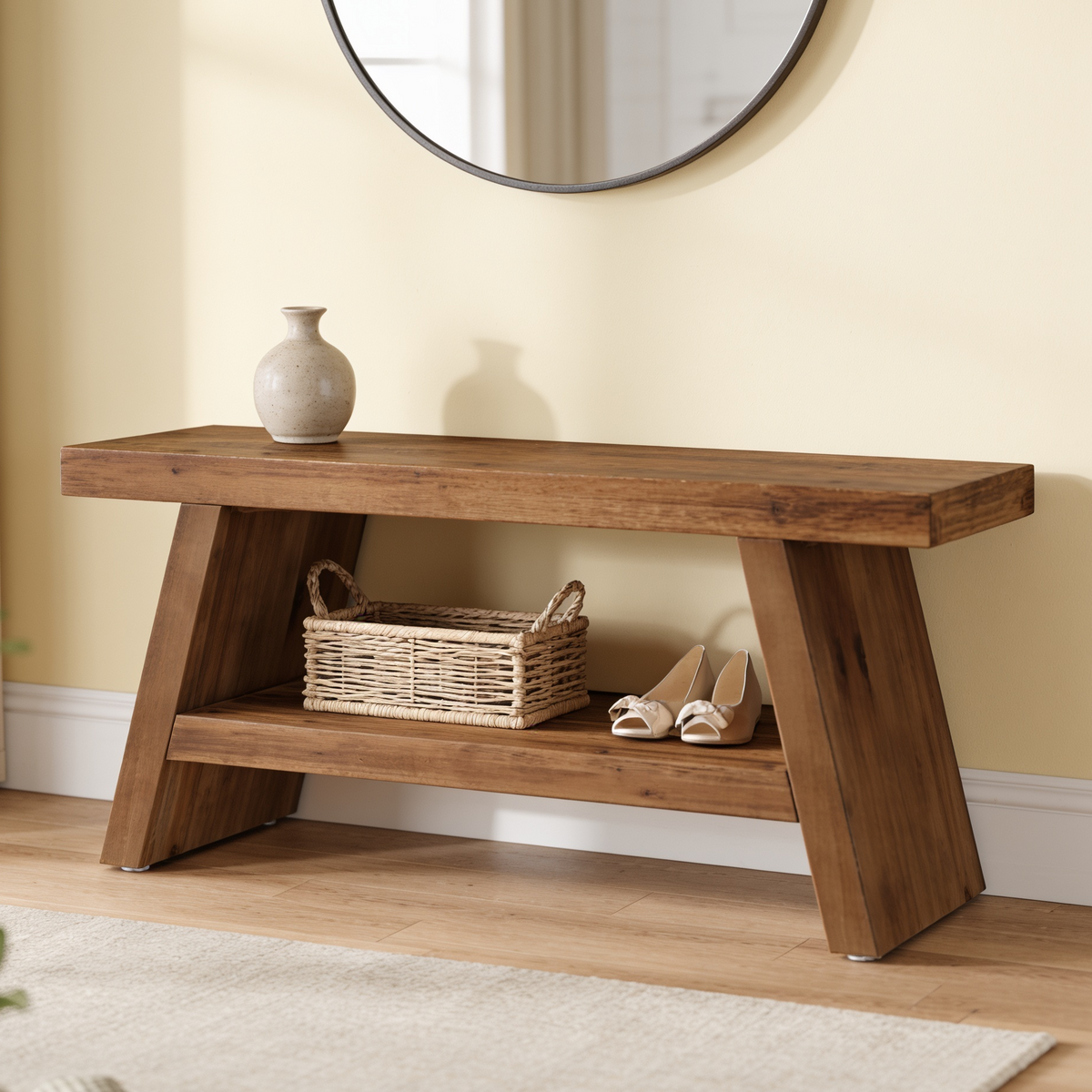 Solid wood entryway bench with a woven basket and shoes tucked on the lower shelf
