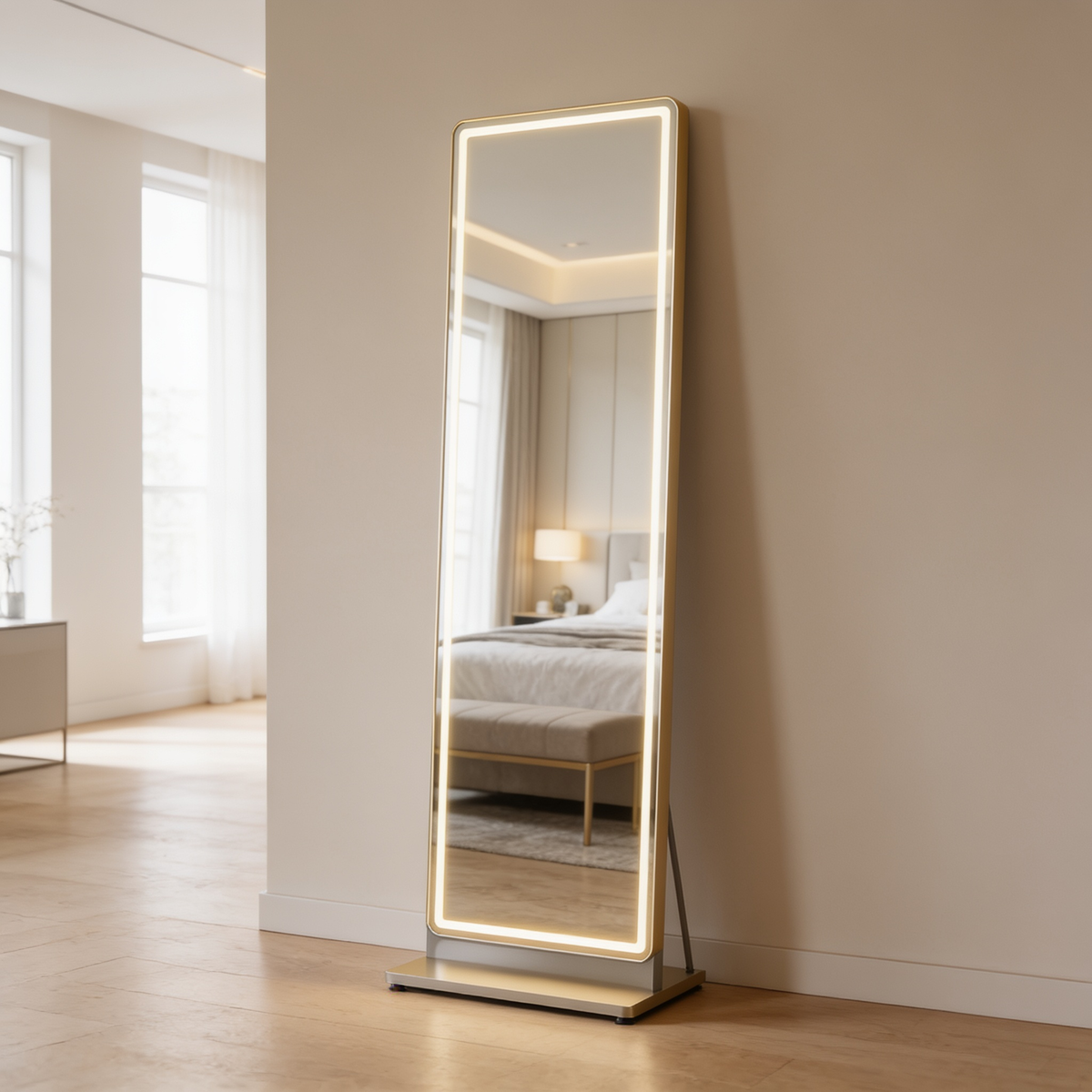 Standing lighted dressing mirror in a bright room reflecting a bed and lamp