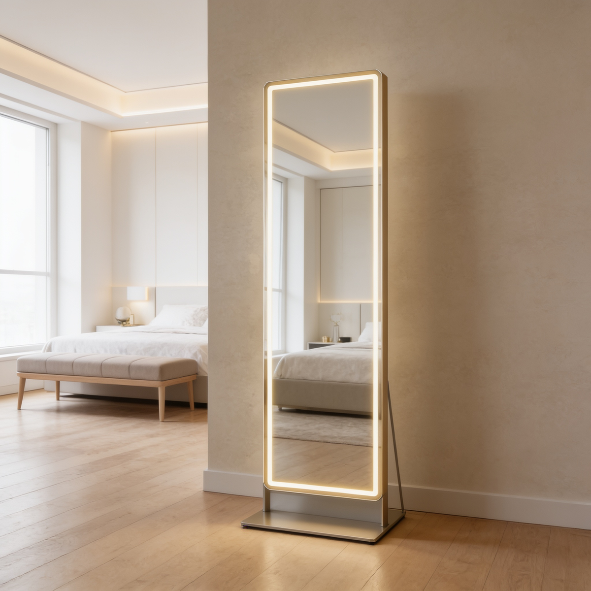 Freestanding lighted mirror in a bedroom corner reflecting a bed and window