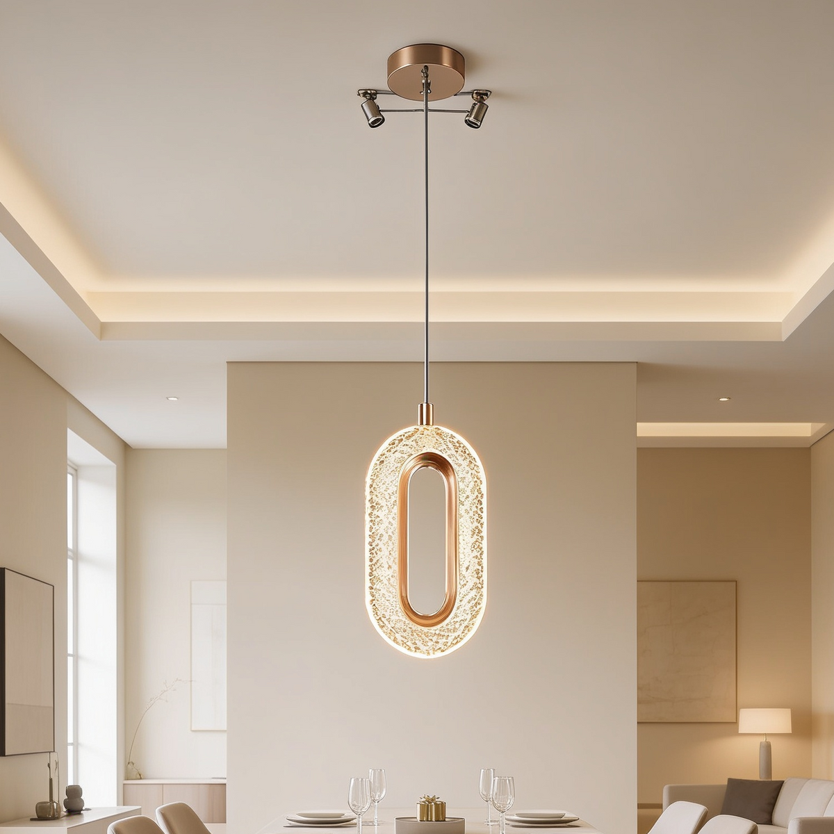 Single gold ring pendant glowing above a console in a warm hallway