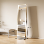 Lighted mirror in a bedroom with its height and width labeled on the glass