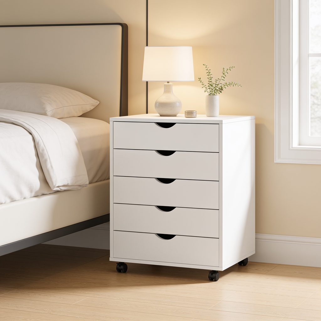 Drawer cabinet beside a curved headboard with a lit lamp on its top