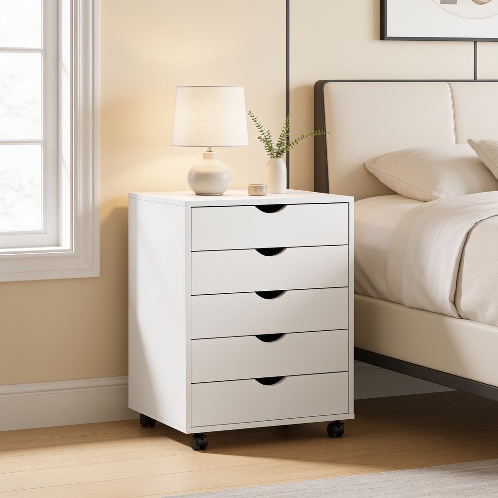 Wheeled bedside chest by a window in a room with cream bedding