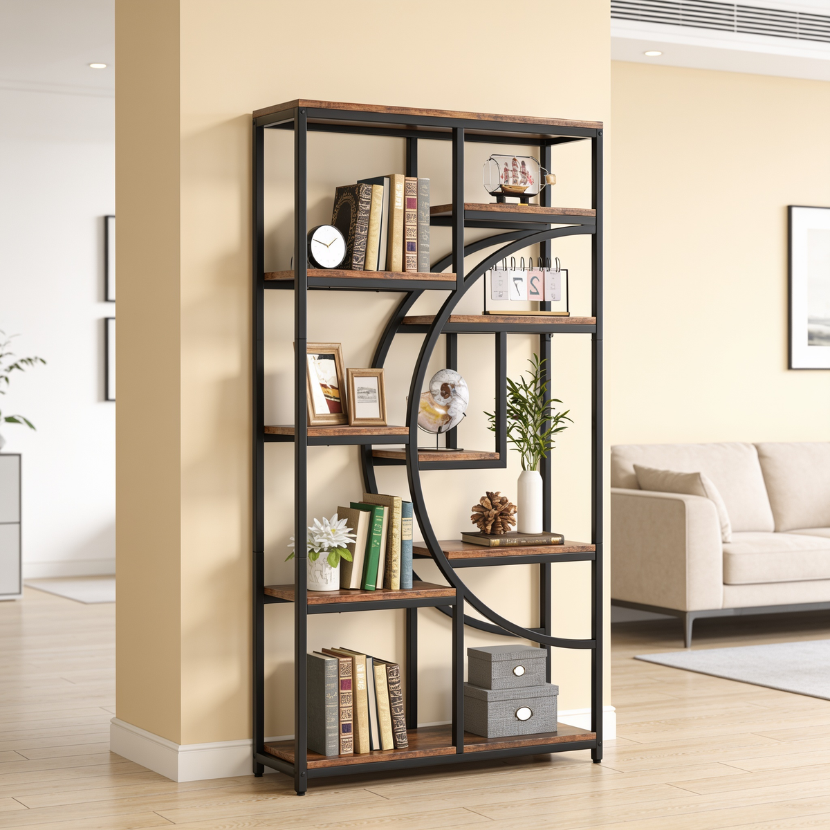 Open frame bookshelf in a white room with a cream sofa and small plants