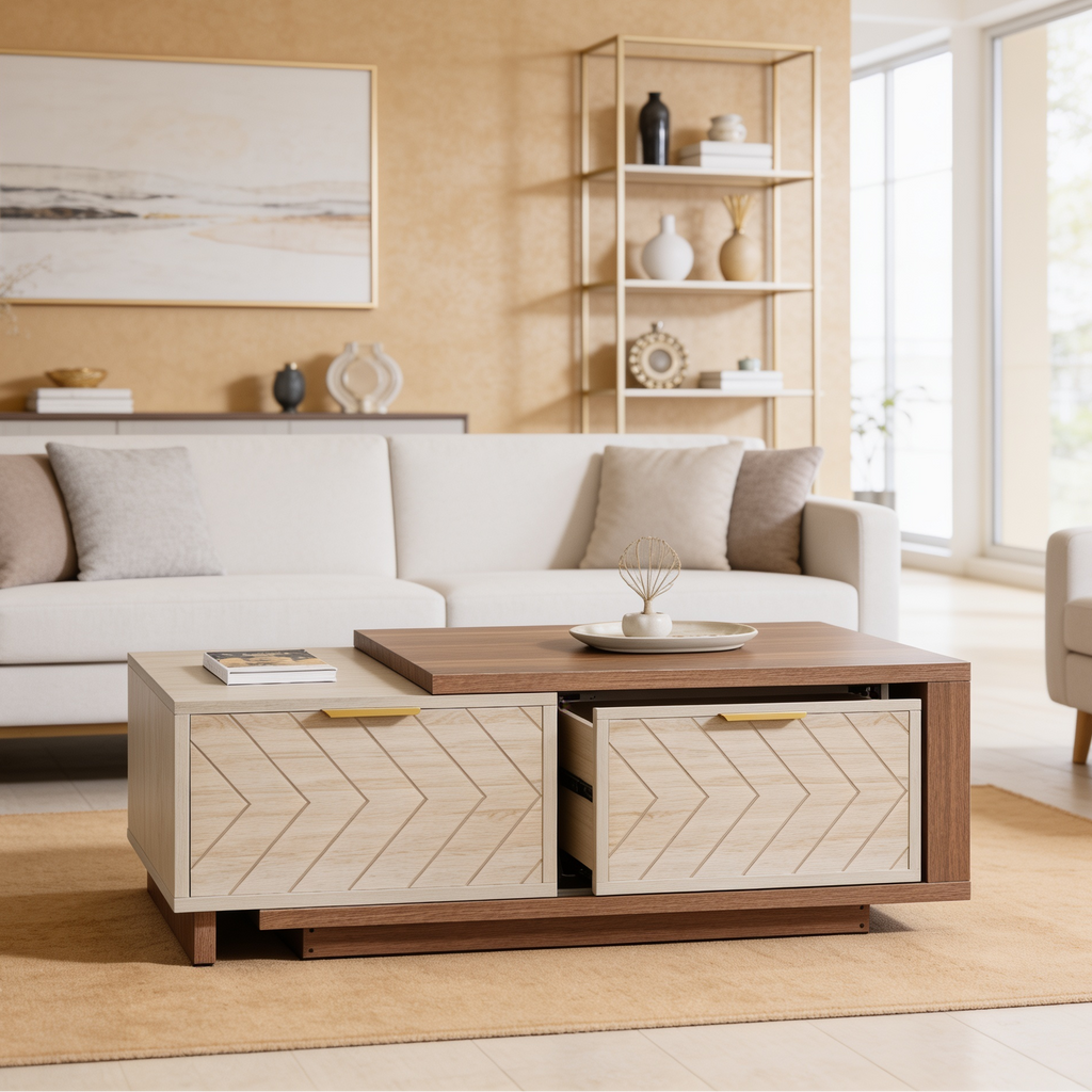 Living room view of the sliding top coffee table in front of a sofa and shelves