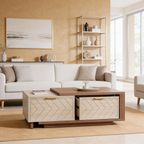 Sliding top coffee table between a pale sofa and armchair in a sunlit living room