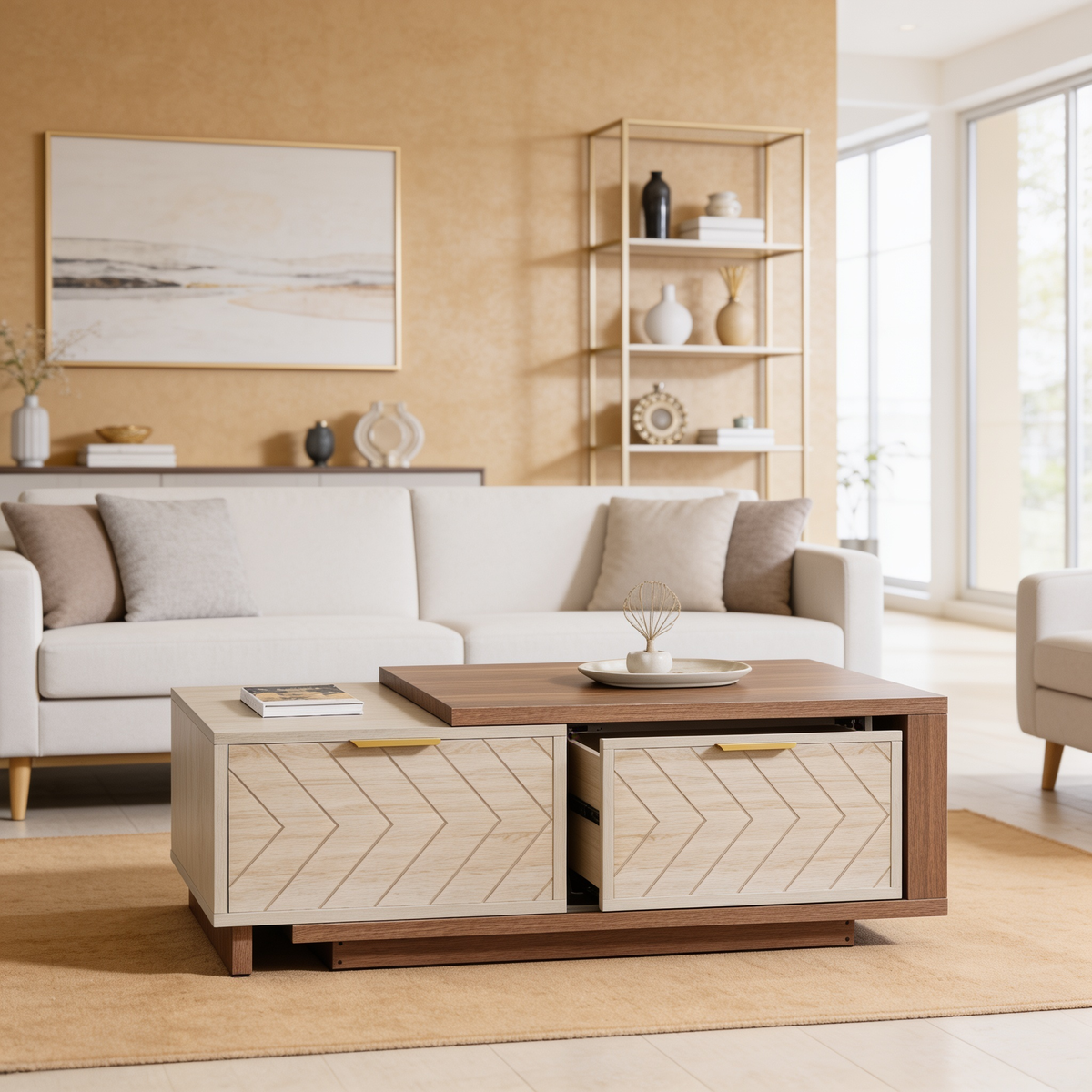 Sliding top coffee table between a pale sofa and armchair in a sunlit living room