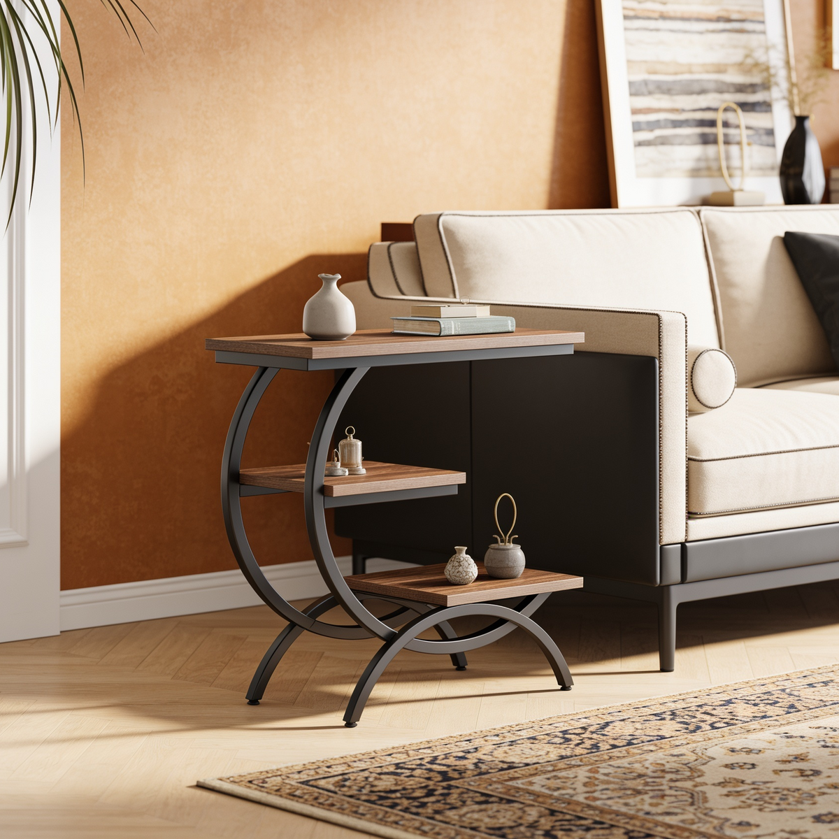 Walnut and black side table on a patterned rug next to a sofa in a warm toned room