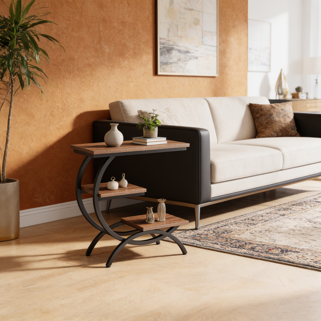 Wide living room view with the side table at the end of a long cream sofa