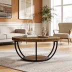 Two tier round table with a wood top in a bright open living room