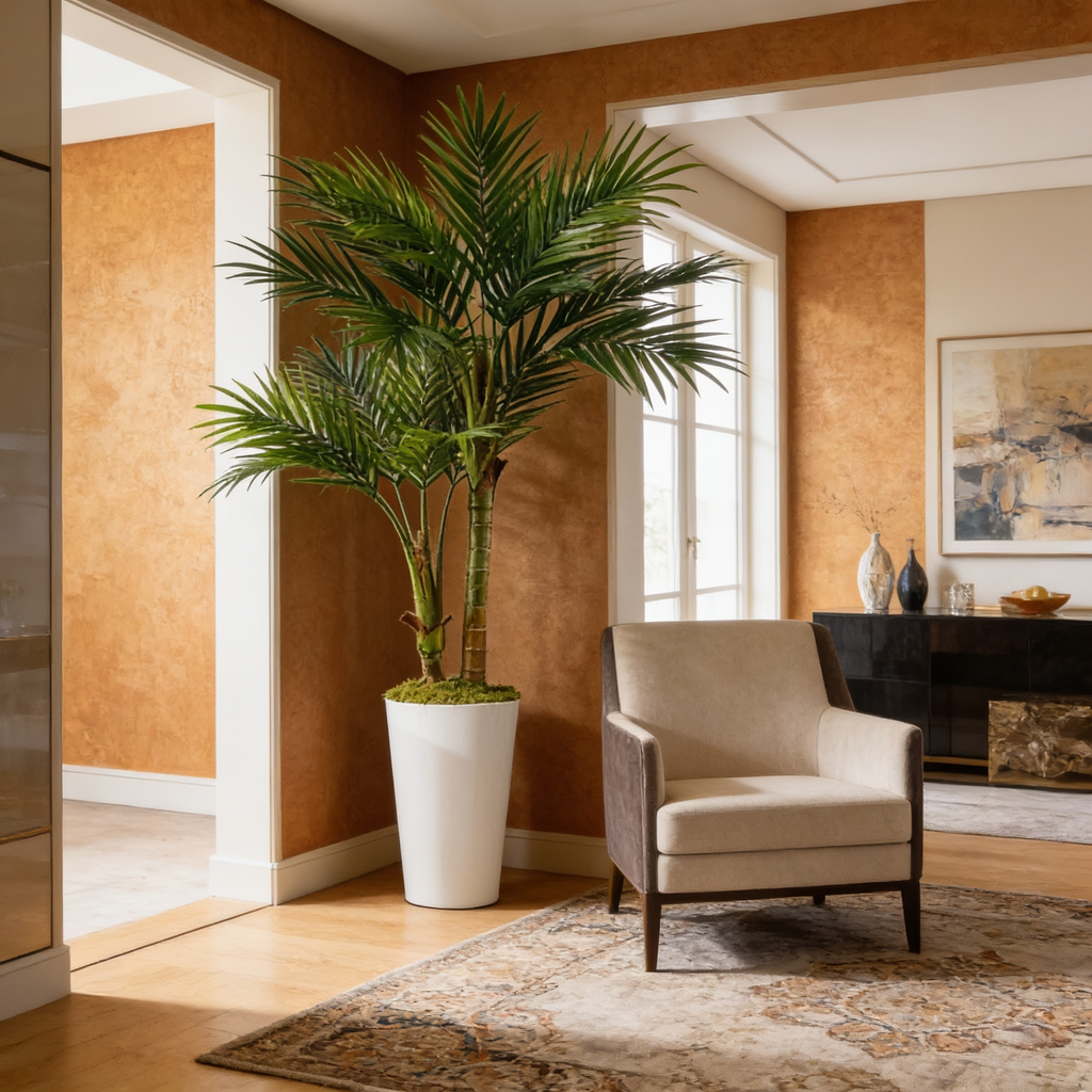Faux areca palm in a white planter against a warm terracotta wall by an armchair