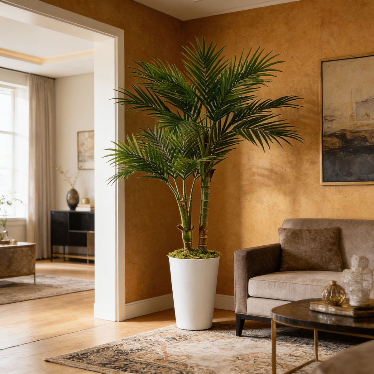 Areca palm beside an open doorway in a terracotta walled room with an armchair