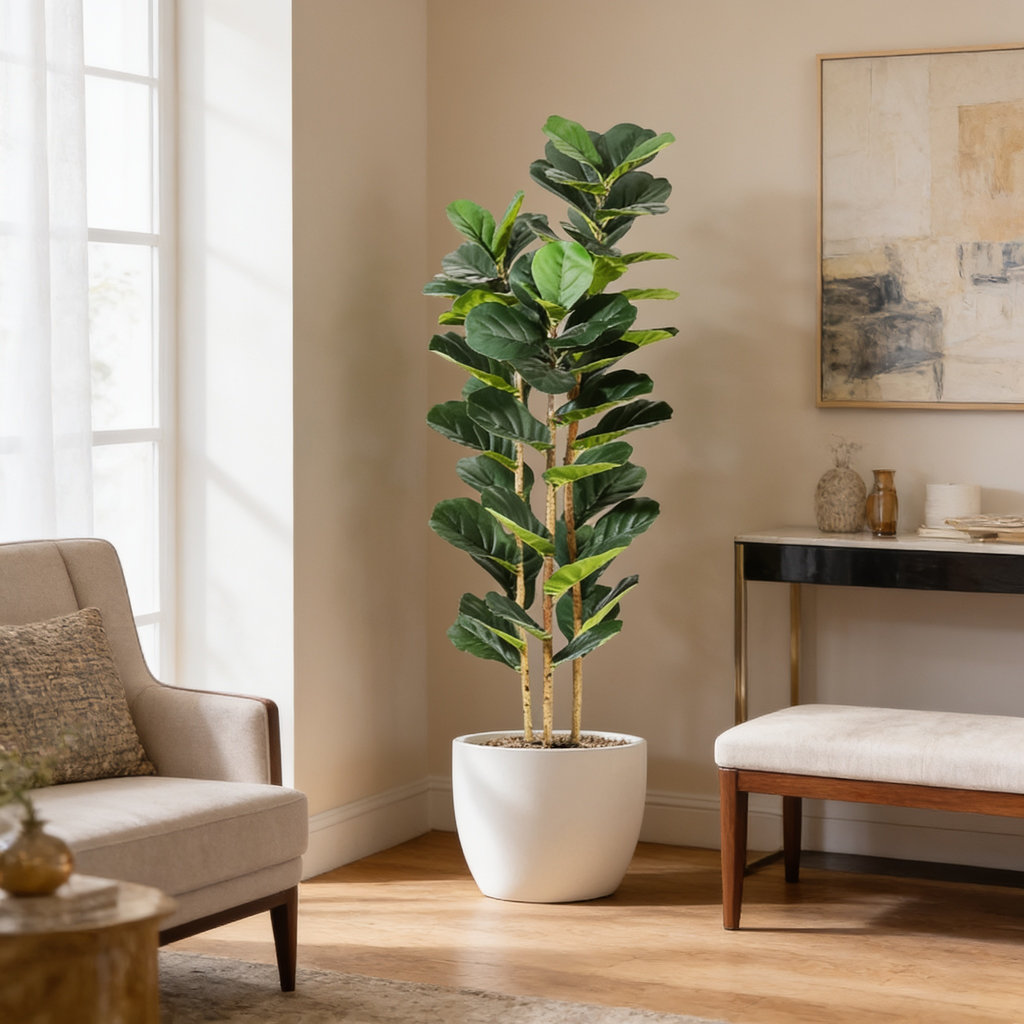 Artificial fig tree next to a wood console and armchair by a sheer curtain