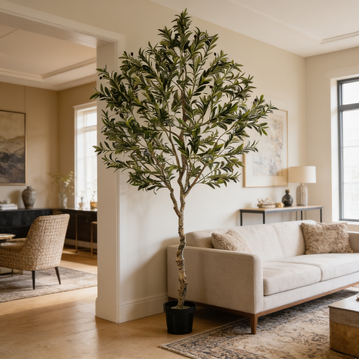 Artificial olive tree standing on a rug beside a cream sofa and a dark chair