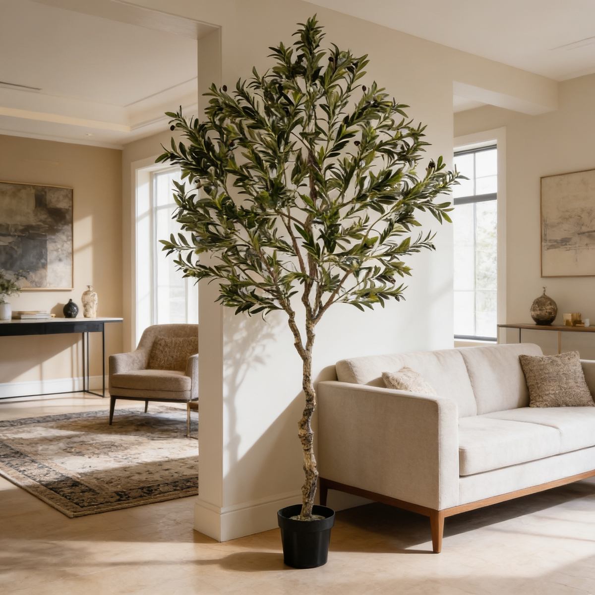 Faux olive tree beside a cushioned cream sofa with a bright window to the right