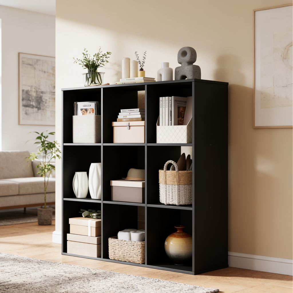 Cube bookcase against a wall beside a sofa filled with boxes and a round vase