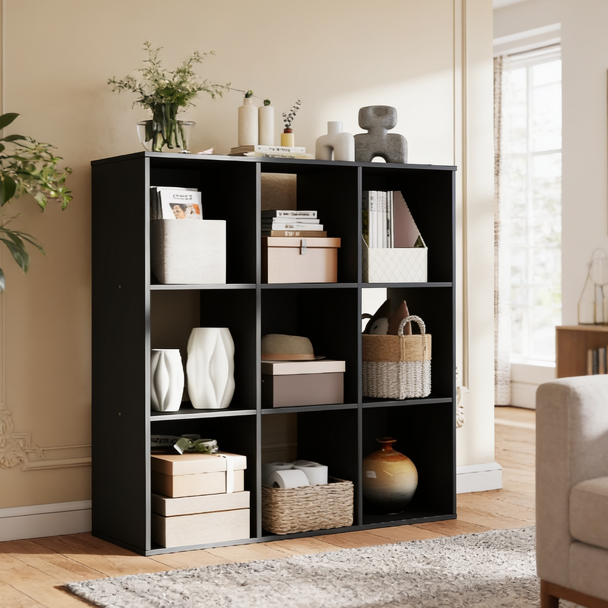 Nine cube storage unit holding woven baskets and fabric bins in a sunlit room