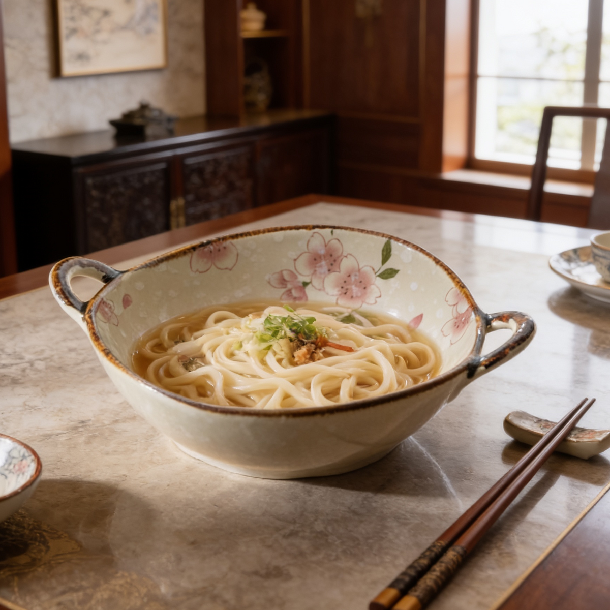 Cream glazed noodle bowl of ramen with chopsticks on a wooden table