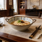 Blue striped bowl of ramen beside chopsticks on a stone countertop