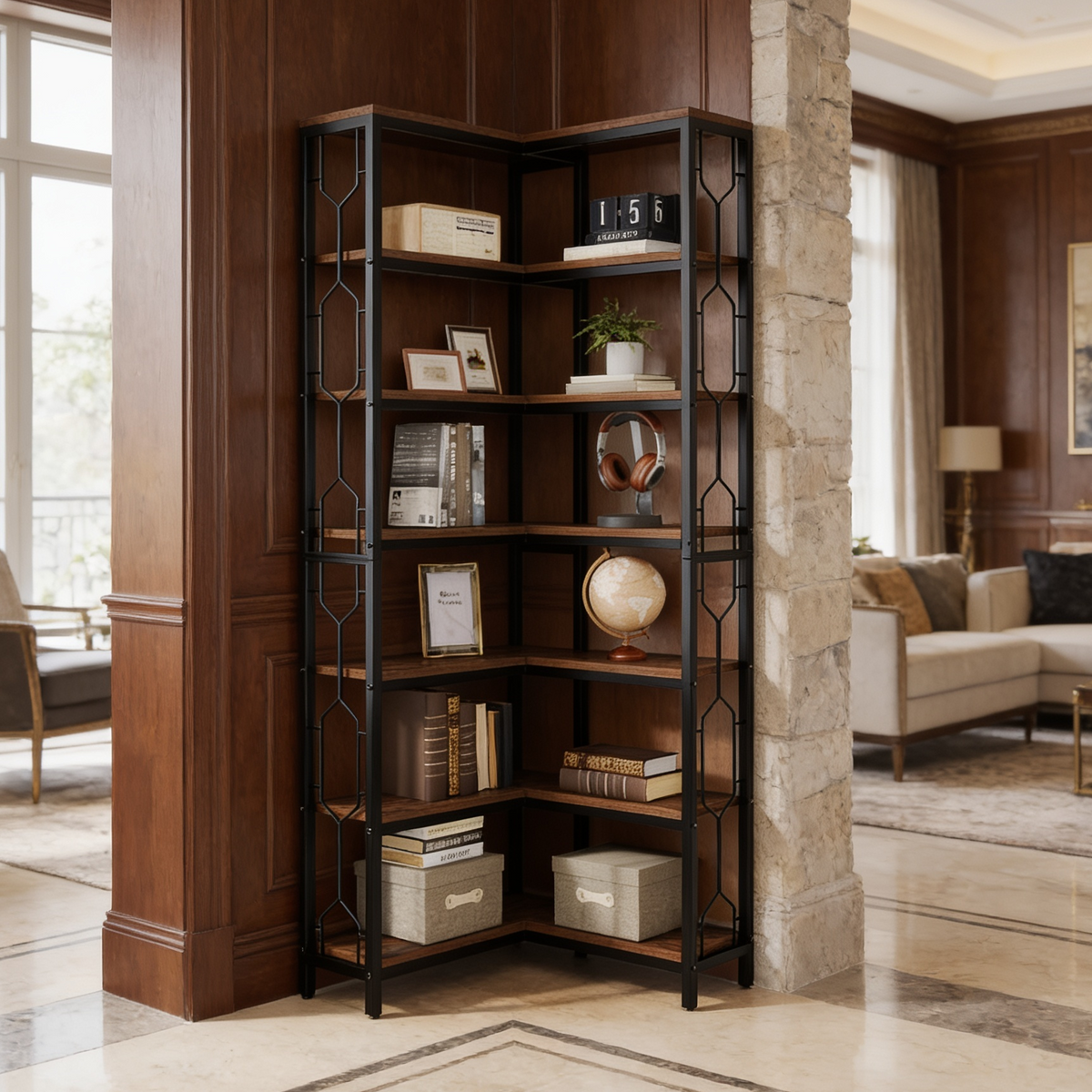 Dark wood and metal corner etagere styled with books and decor in a paneled room