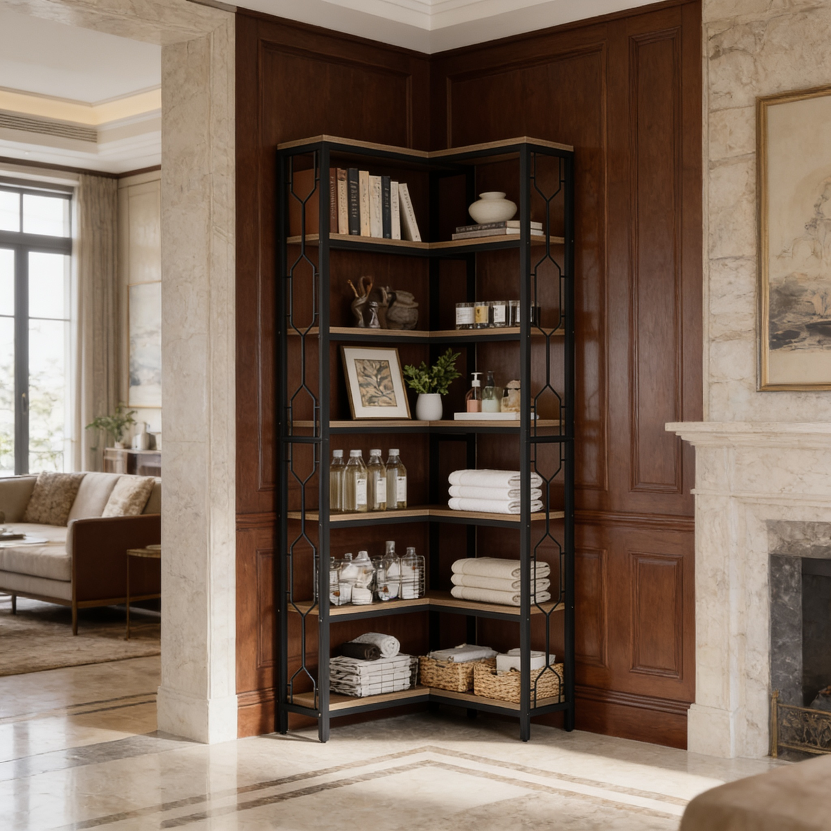 Brown wood corner etagere set into paneled walls next to a stone fireplace