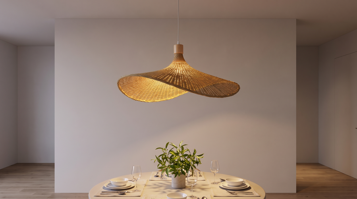 Woven bamboo straw hat pendant lit over a small table