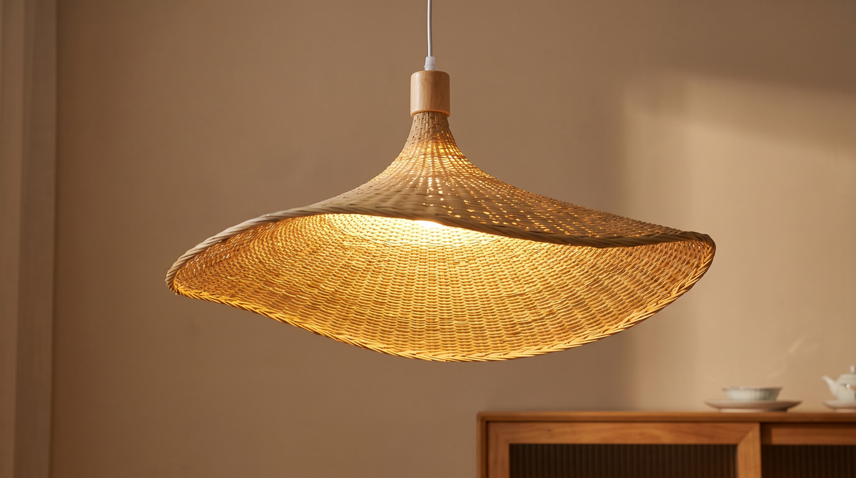Underside of a woven bamboo pendant shade, lit