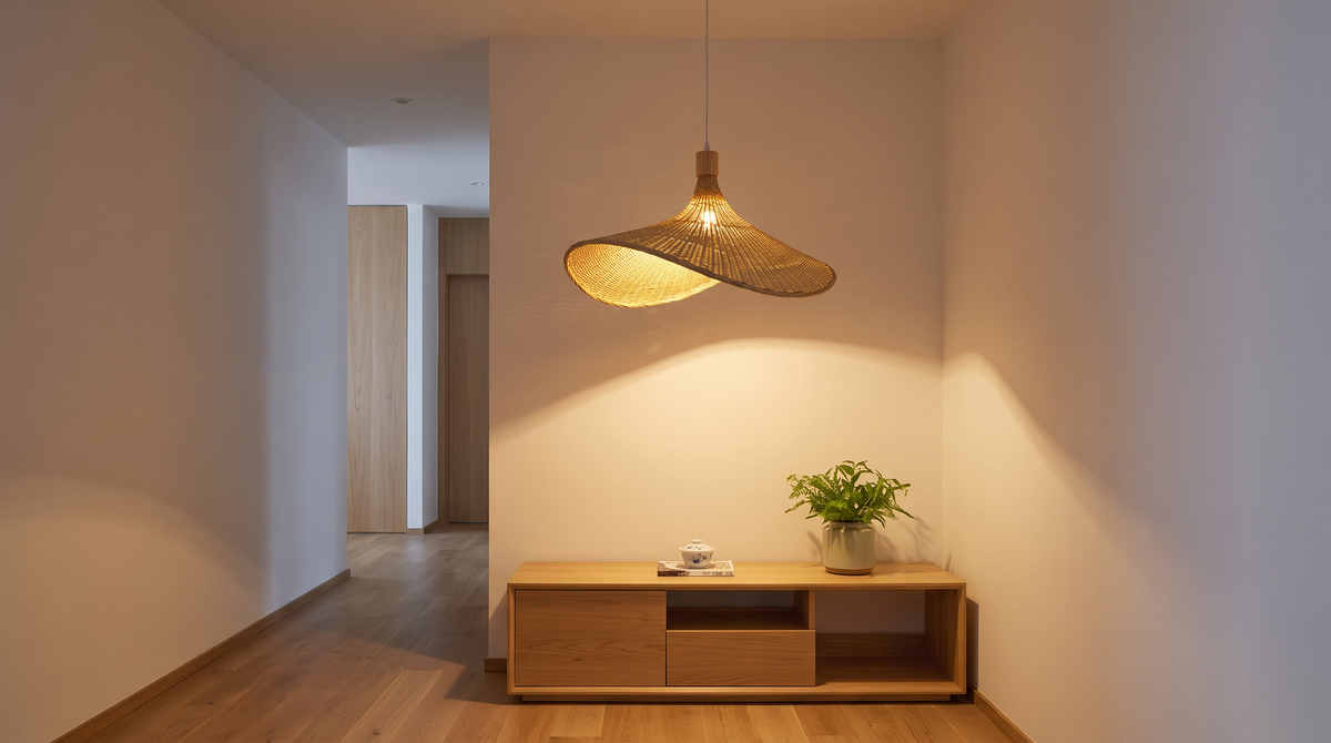 Bamboo pendant casting a wide pool of warm light